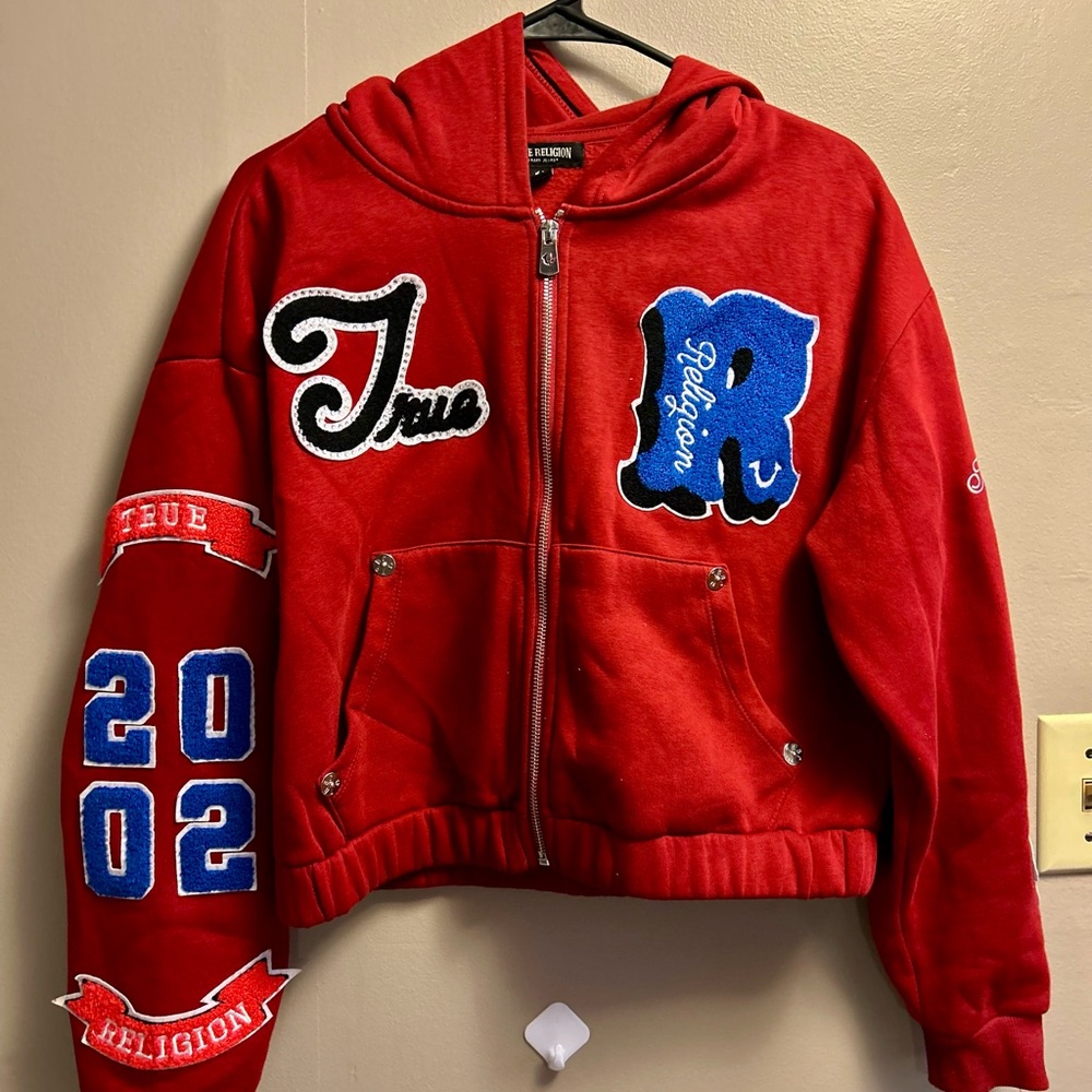 True Religion Crystal Patch Varsity Red Dahlia Crop Zip Hoodie